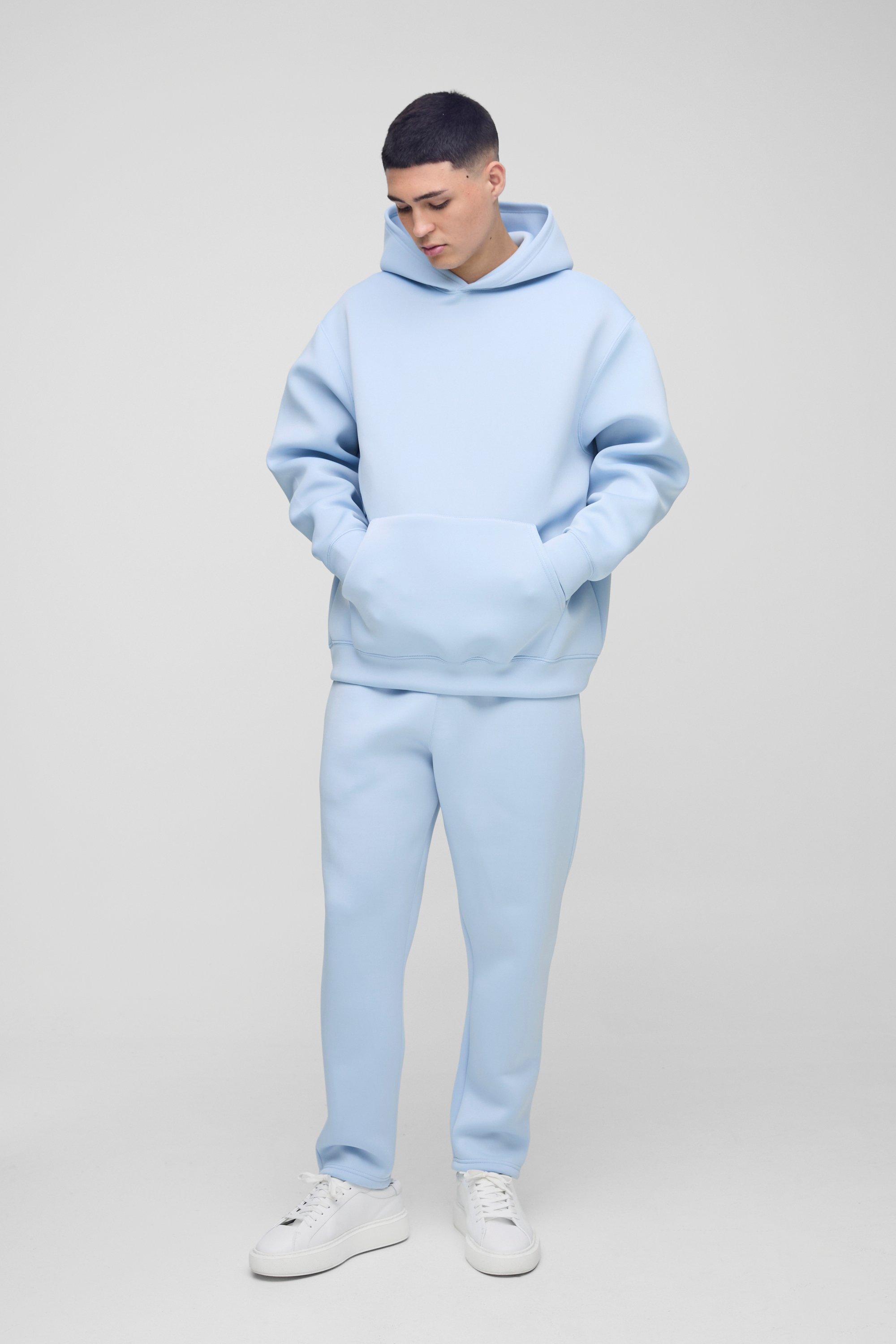 Mens Blue Oversized Bonded Scuba Hooded Tracksuit, Blue